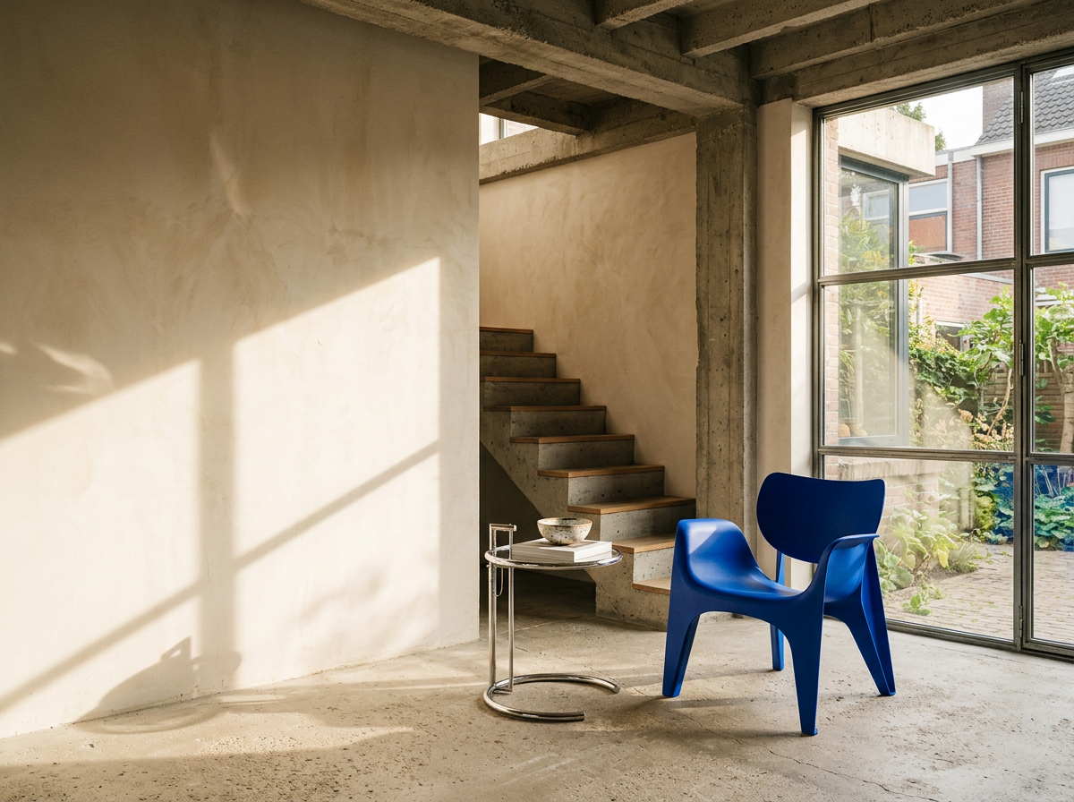 A cobalt blue chair and chrome side table in a sunlit interior